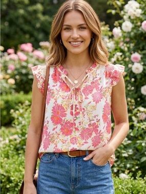 Rose & Olive‎ Pink Floral Tie-Front Flutter Sleeve Camisole